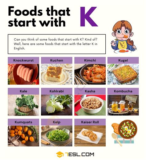 Here are 38 knockout foods that start with the letter ‘K’ (see also ‘ 24+ Foods That Begin With The Letter “L” ‘) . 1. Kabobs / Kebabs. Depending on where you live in the world, you may give this type of food a different name. However, one thing remains the same: both terms begin with the letter ‘K’. Kabobs/kebabs are, typically ... 